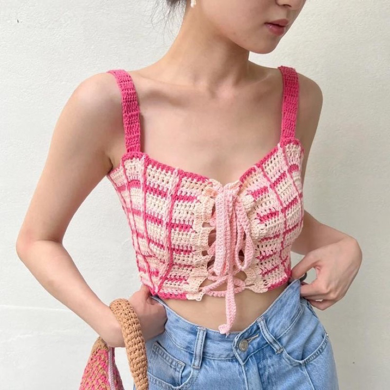 Áo len móc sọc hồng phối màu JOLIE Crop crochet handmade