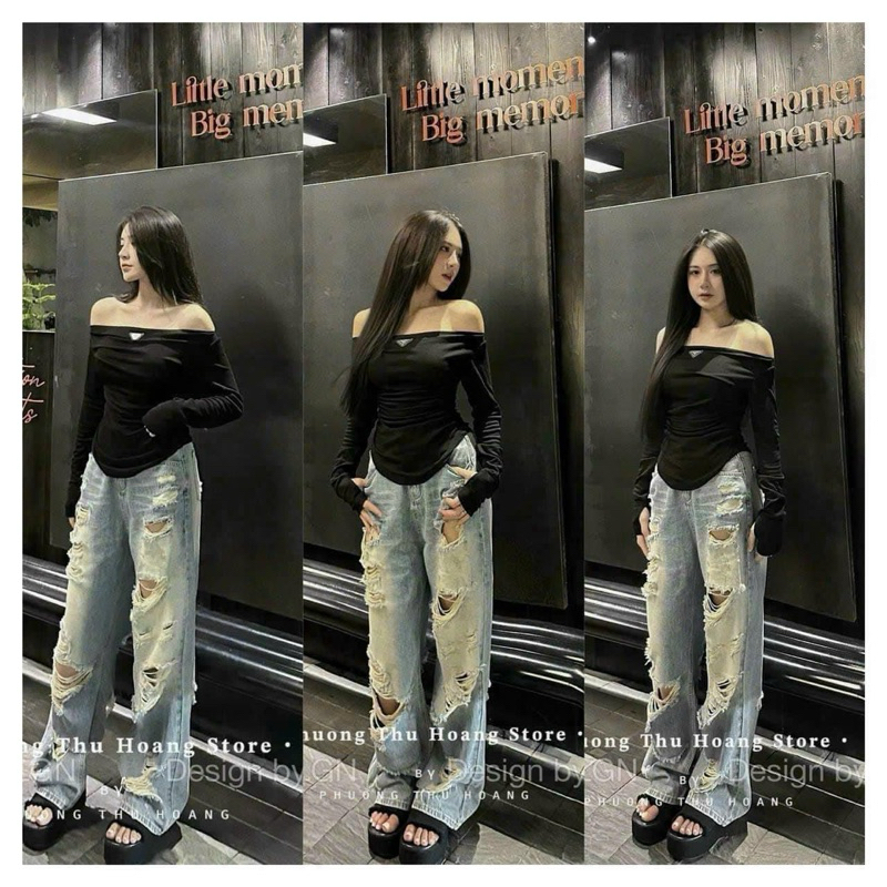 Áo Thun Trễ Vai Dài Tay Xỏ Ngón Nhún Eo Đính Tag Ngực Pra