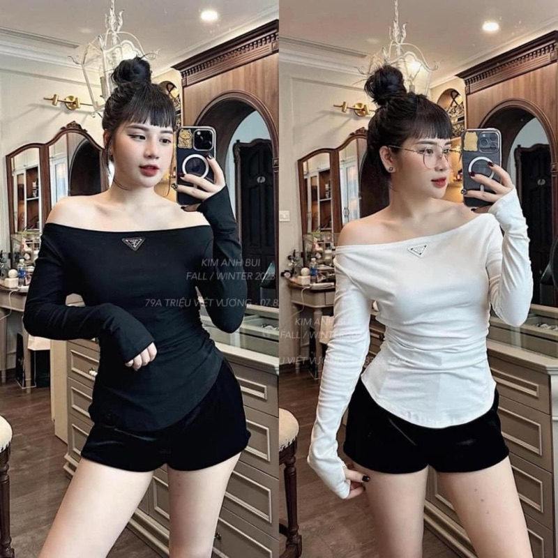 Áo Thun Trễ Vai Dài Tay Xỏ Ngón Nhún Eo Đính Tag Ngực Pra