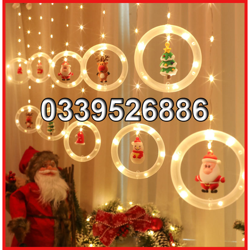 Đèn RÈM hình bóng đèn tròn chứa ÔNG GIÀ NOEL, TUẦN LỘC, CÂY THÔNG, NGƯỜI TUYẾT trang trí Giáng Sinh NOEL dây cắm điện