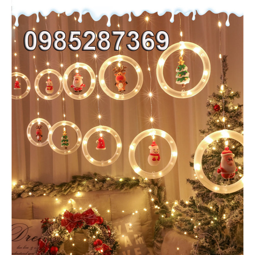 Đèn RÈM hình bóng đèn tròn chứa ÔNG GIÀ NOEL, TUẦN LỘC, CÂY THÔNG, NGƯỜI TUYẾT trang trí Giáng Sinh NOEL dây cắm điện