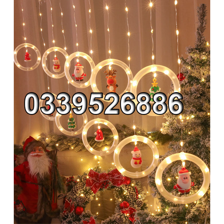 Đèn RÈM hình bóng đèn tròn chứa ÔNG GIÀ NOEL, TUẦN LỘC, CÂY THÔNG, NGƯỜI TUYẾT trang trí Giáng Sinh NOEL dây cắm điện