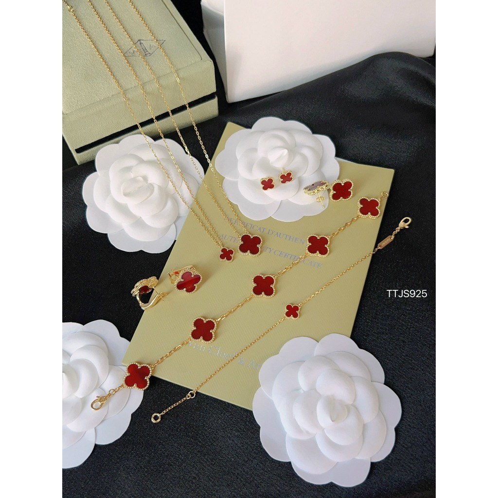Bộ Trang Sức Nữ Hoa Đỏ HD Jewelry - Set Trang Sức Với 3 Món Bông Tai, Lắc Tay, Dây Chuyền Siêu Sang