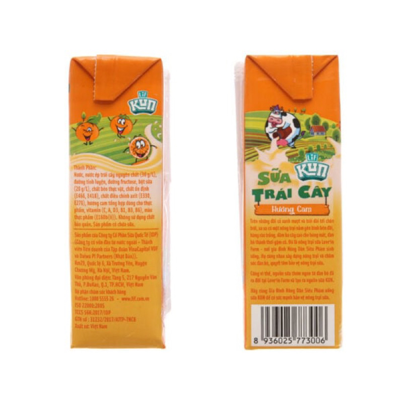 Thùng sữa trái cây Lif KUN hương cam 48 hộp 180ml