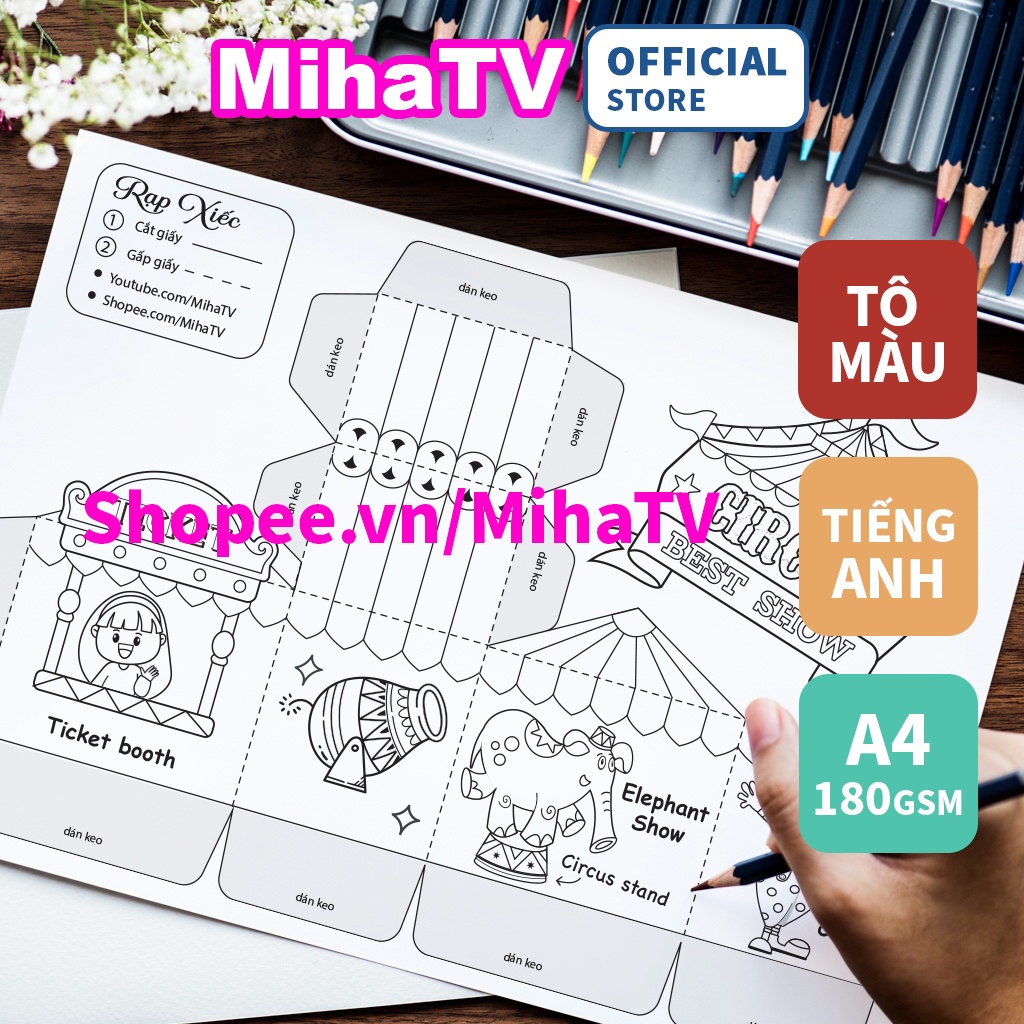 Rạp xiếc Đồ chơi tô màu tiếng Anh | MihaTV đồ chơi giáo dục | A4 180gsm
