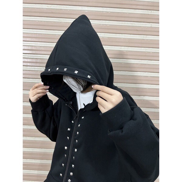 Áo khoác đinh đính đá viền áo mũ trùm đầu chất nỉ siêu ấm áp thời trang nam nữ hàn quốc