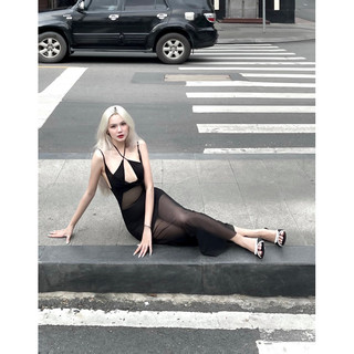 ESMERAY - SITUATION-SHIP MIDI DRESS - Đầm Đen Dài Xuyên Thấu Cutout Thun Lưới Hai Dây Y2K