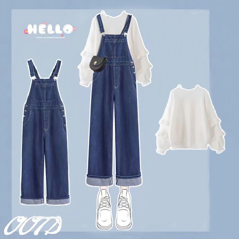 Set áo phối bèo kèm yếm jeans suông thời trang trẻ em BEESHOP D23055