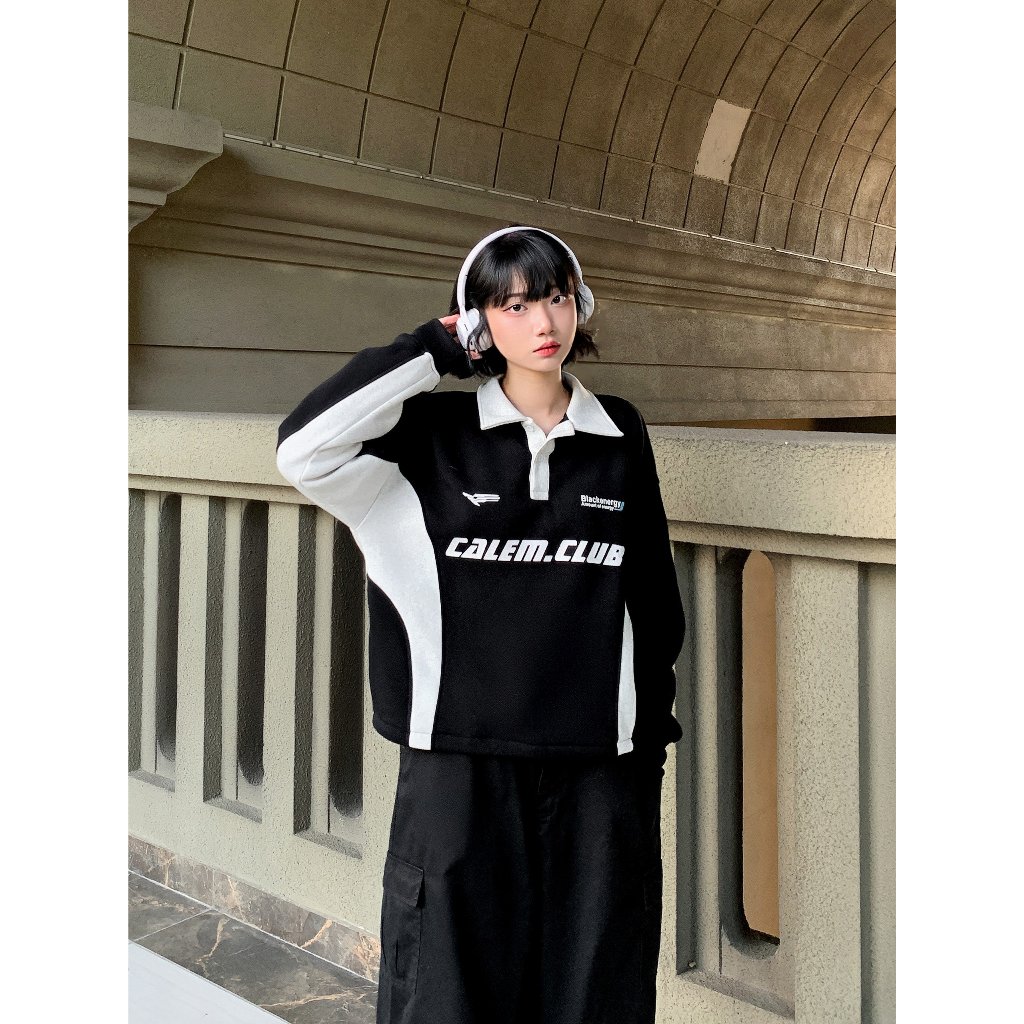 Calem Club - Áo Polo Tay dài nỉ lót bông phối màu dây rút form BOXY