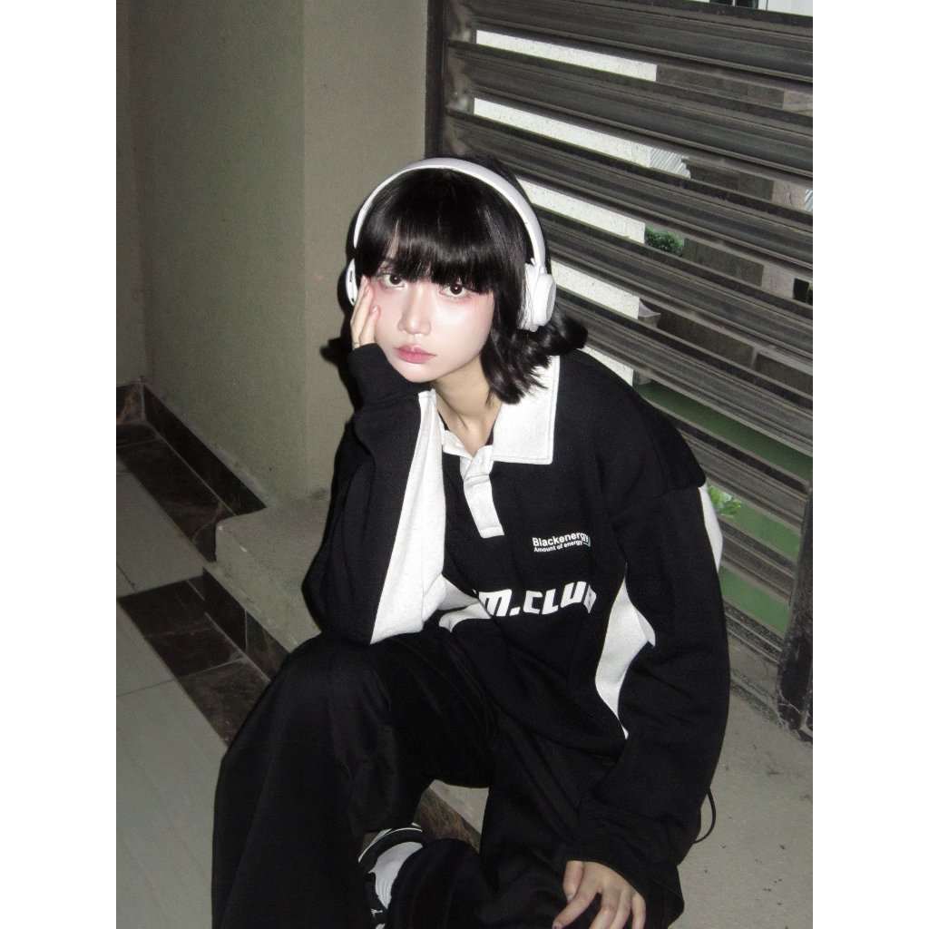 Calem Club - Áo Polo Tay dài nỉ lót bông phối màu dây rút form BOXY