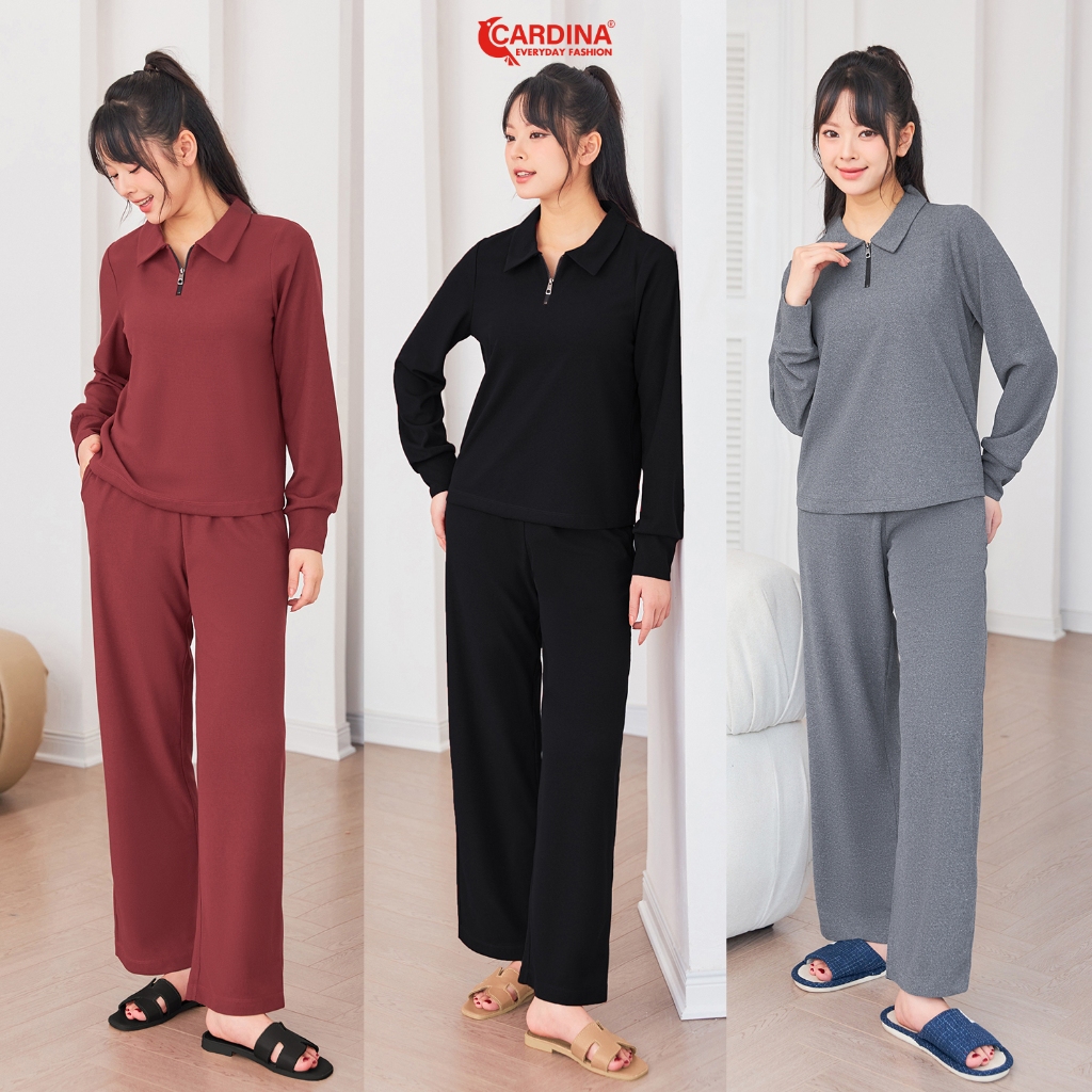 Đồ Bộ Nữ Mặc Nhà 𝐂𝐀𝐑𝐃𝐈𝐍𝐀 Chất Cotton Tổ Ong Tay Dài Quần Suông Cổ Polo Khóa Co Dãn Thoải Mái 3BTD03