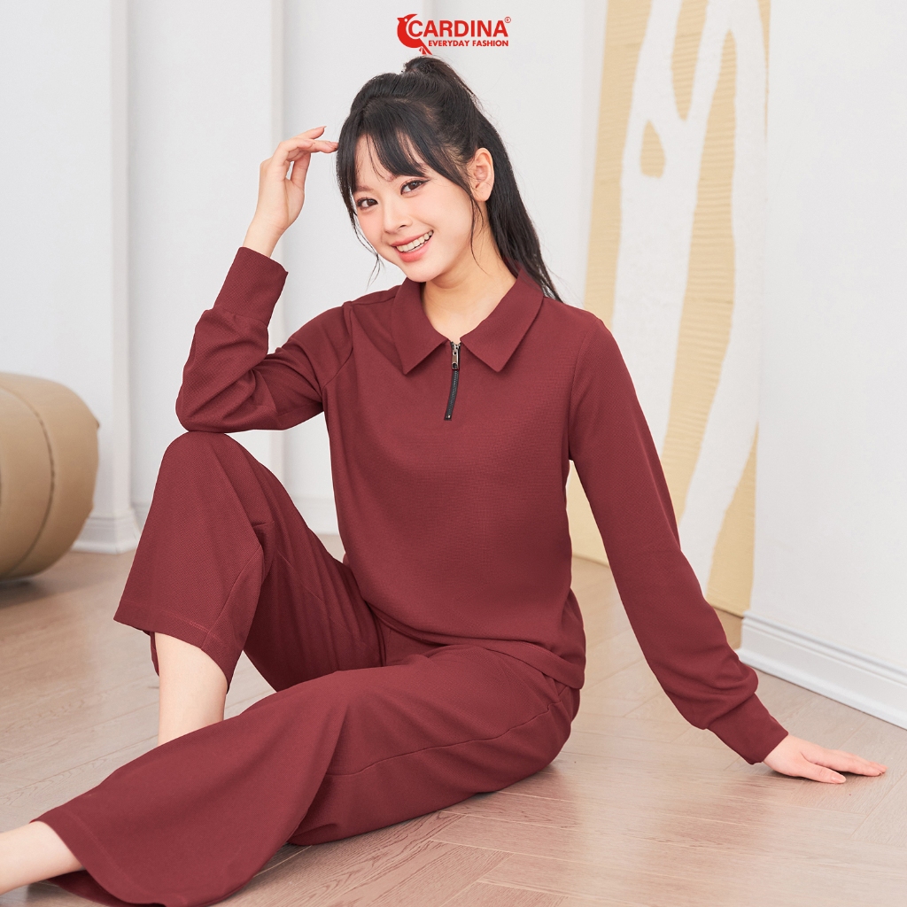 Đồ Bộ Nữ Mặc Nhà 𝐂𝐀𝐑𝐃𝐈𝐍𝐀 Chất Cotton Tổ Ong Tay Dài Quần Suông Cổ Polo Khóa Co Dãn Thoải Mái 3BTD03