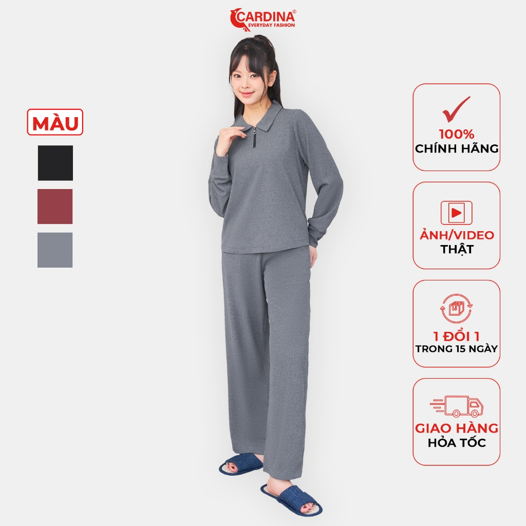 Đồ Bộ Nữ Mặc Nhà 𝐂𝐀𝐑𝐃𝐈𝐍𝐀 Chất Cotton Tổ Ong Tay Dài Quần Suông Cổ Polo Khóa Co Dãn Thoải Mái 3BTD03