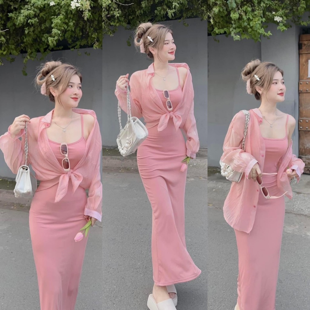 Set váy nữ 2 dây body xòe đuôi cá nhẹ xinh xắn phối áo khoác form rộng với tone màu sáng da, nhẹ nhàng tôn dáng