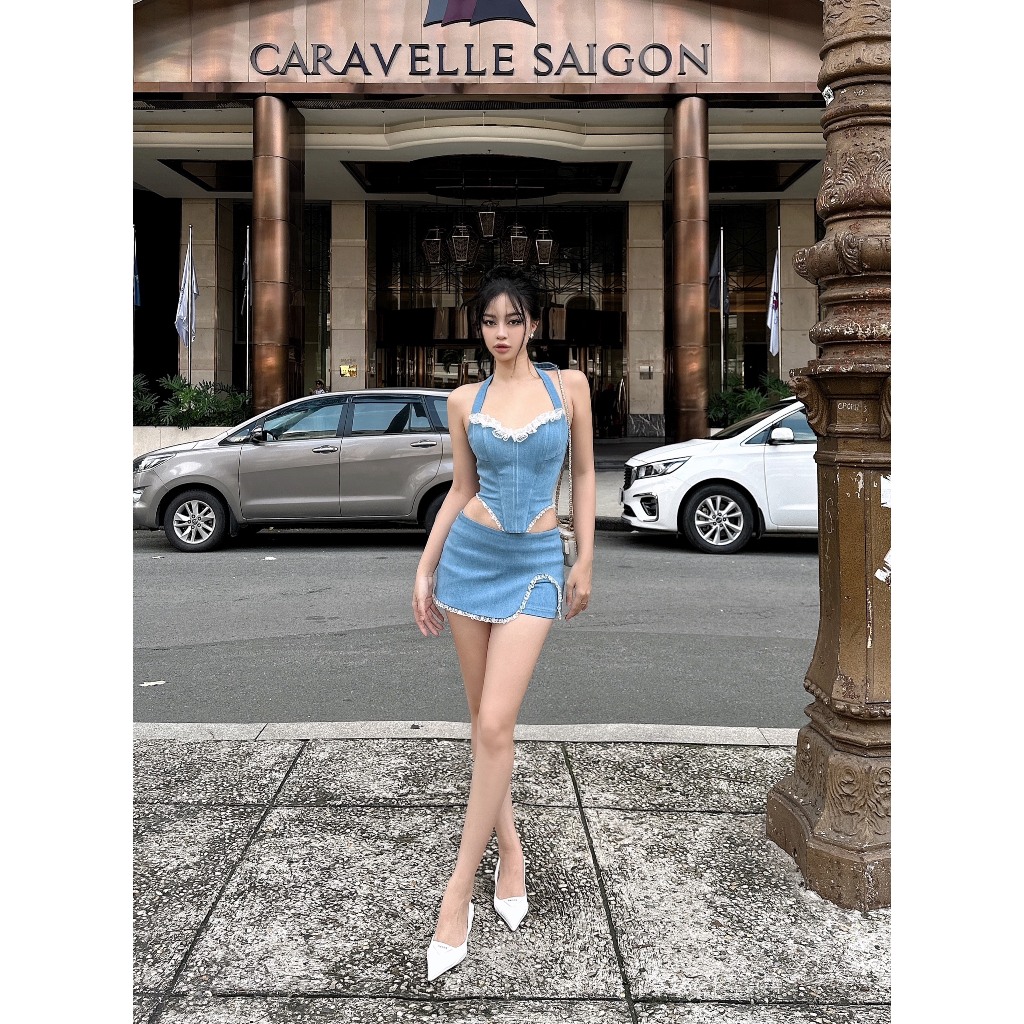Set Denim Aubrey Áo Corset Cúp Ngực Viền Ren + Quần Short Váy LSEOUL B23091353