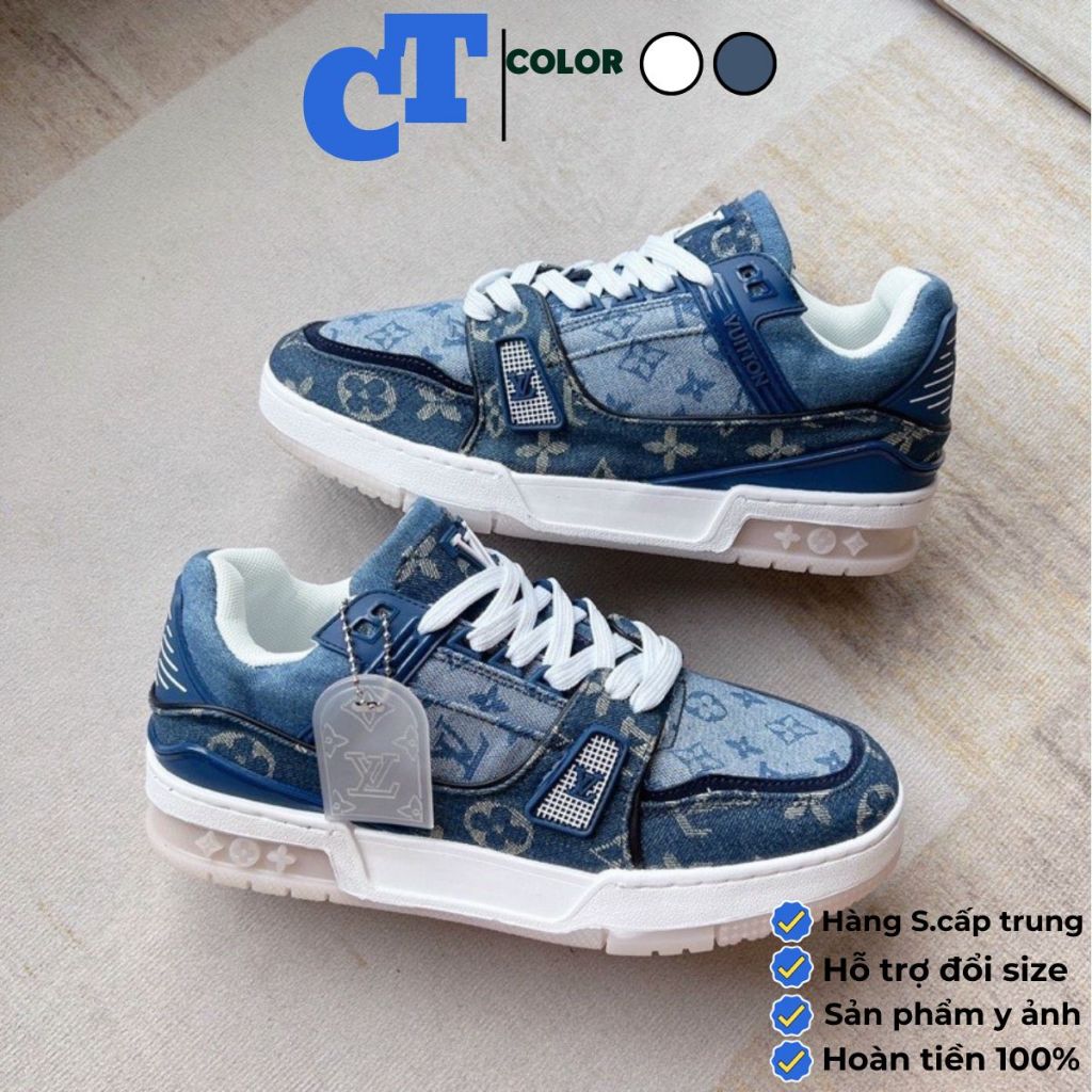 giày thể thao nam nữ CT Louis vuitton LV trainer xanh bò đế xám cổ thấp S Cấp mới
