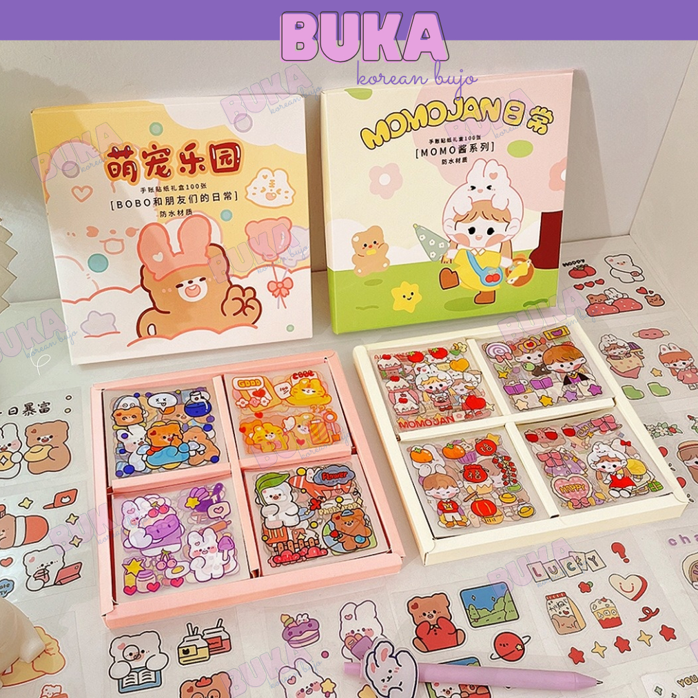 Hộp 100 tấm sticker trang trí Buka set sticker dễ thương cắt sẵn trang trí decor sổ, miếng dán tập vở, bình nước, bút