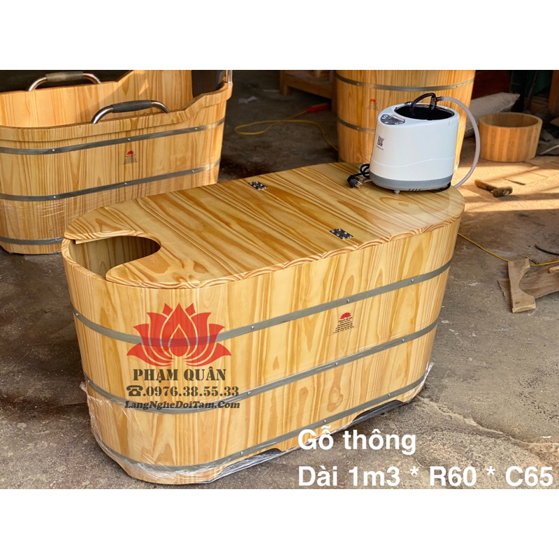 Bồn tắm dài kèm máy xông 4lit, bồn tắm xông hơi, bồn tắm bằng gỗ thông nhập khẩu