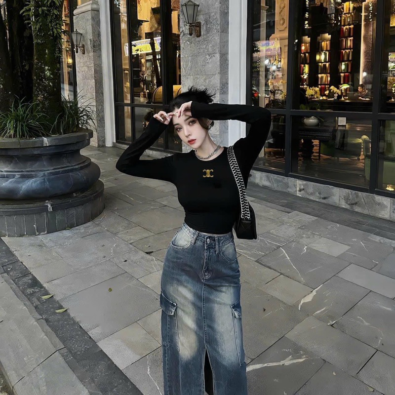 Áo croptop cổ tròn tay dài hàng đẹp