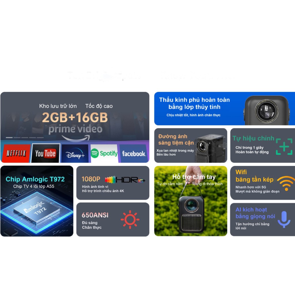 Máy Chiếu Mini Wanbo T6R Full HD 1080p, Android TV 9.0, Điều Khiển Giọng Nói - Hàng Chính Hãng - Bảo Hành 12 Tháng