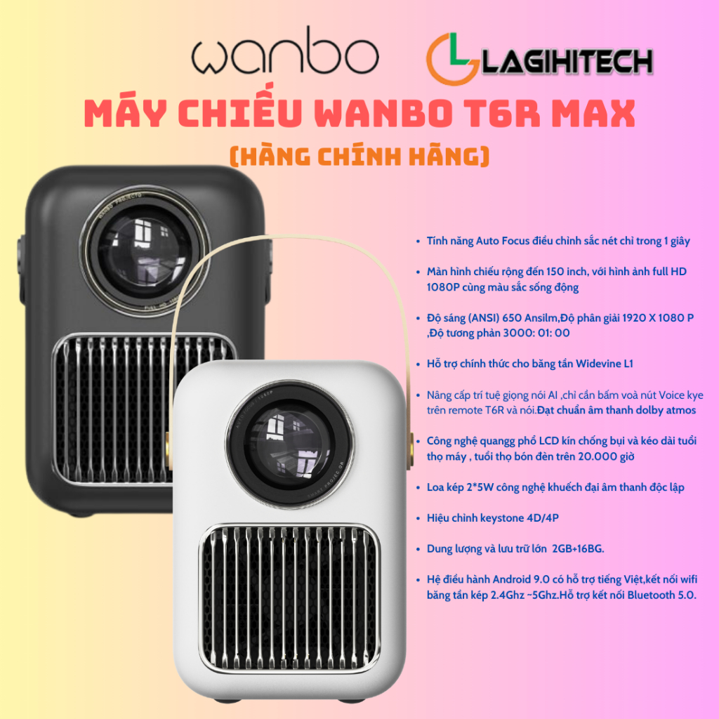 Máy Chiếu Mini Wanbo T6R Full HD 1080p, Android TV 9.0, Điều Khiển Giọng Nói - Hàng Chính Hãng - Bảo Hành 12 Tháng