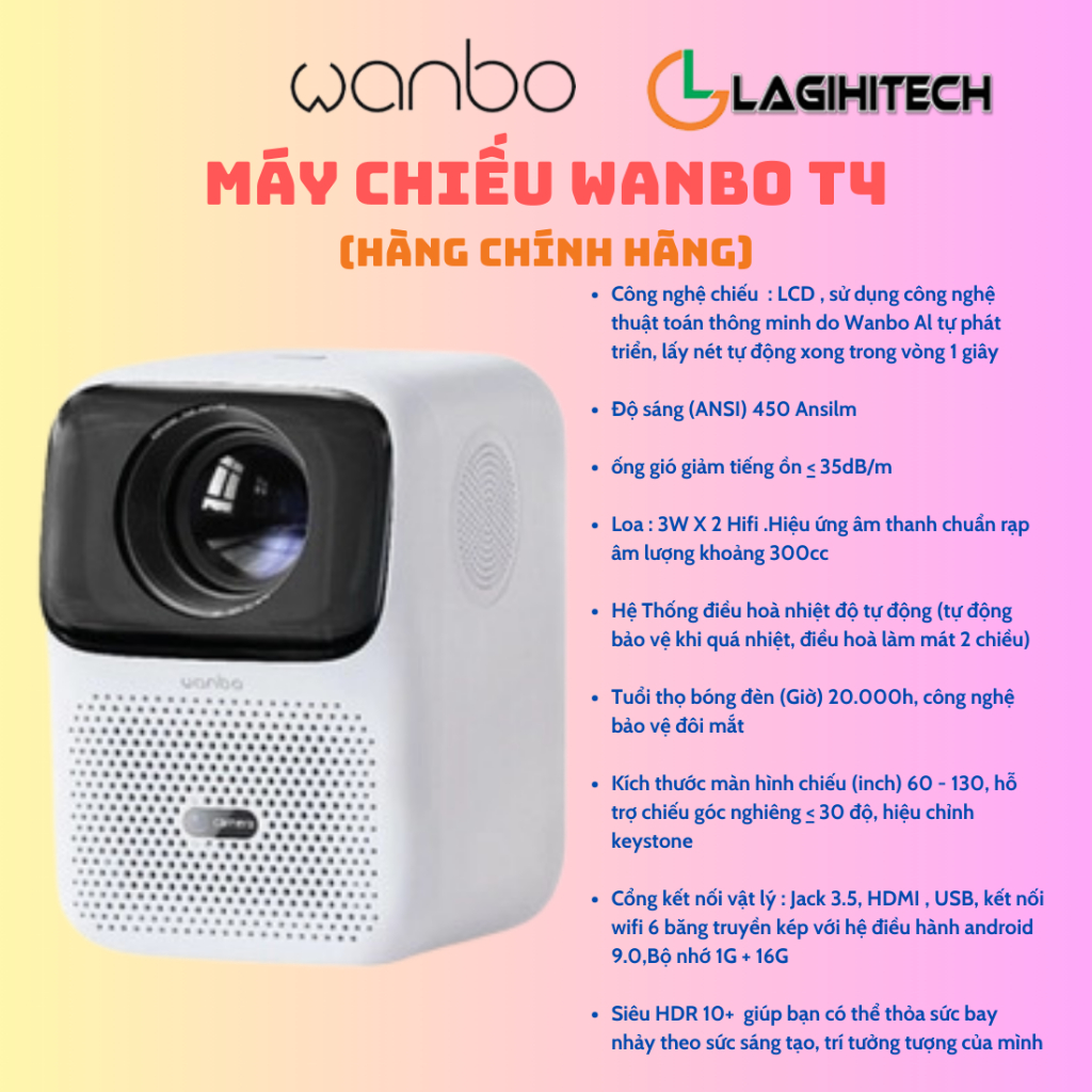 Máy Chiếu Thông Minh Wanbo T4 Full HD Android 9.0, Tích Hợp Camera,Tự Động Lấy Nét - Hàng Chính Hãng - Bảo Hành 12 Tháng