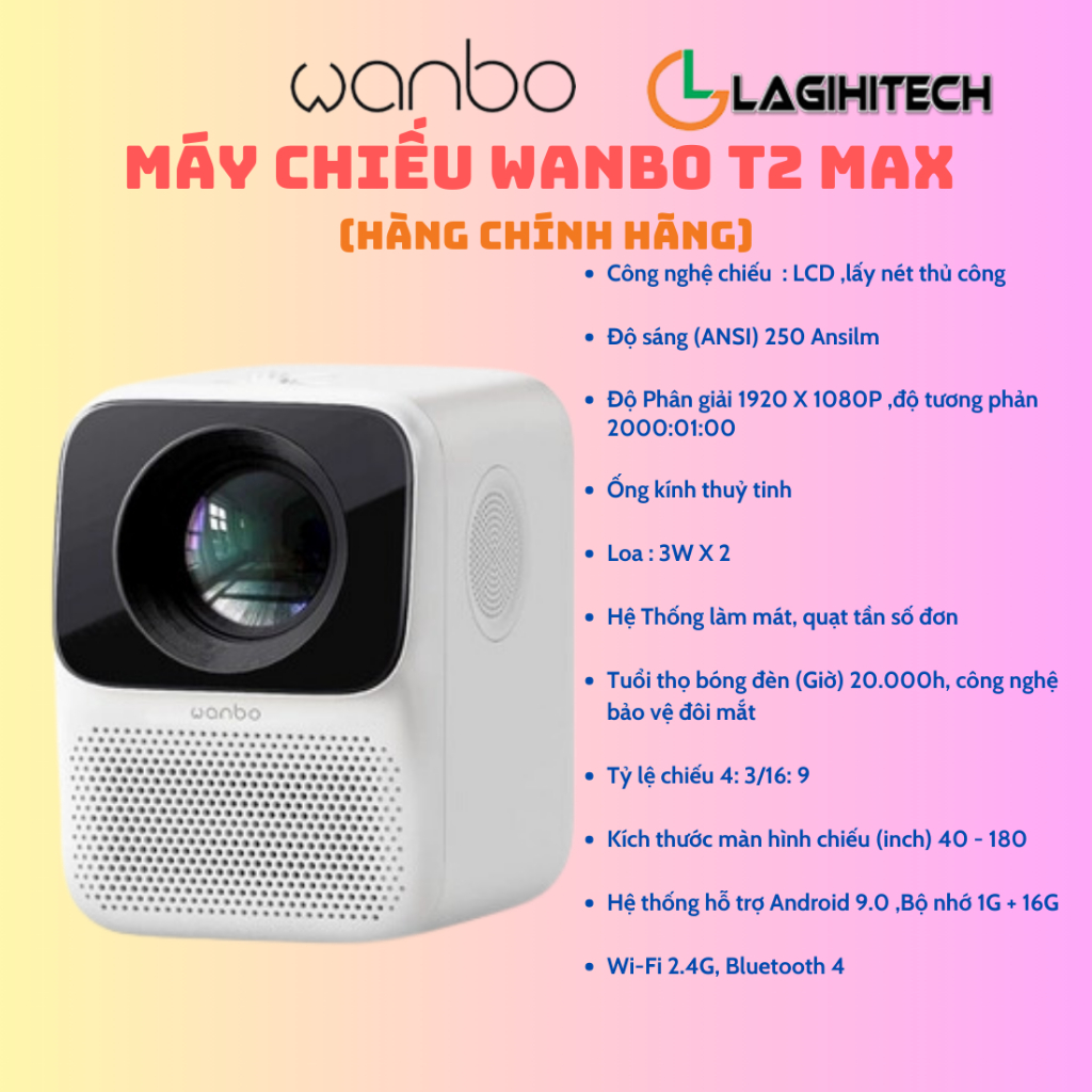 Máy Chiếu Wanbo T2 MAX độ phân giải full HD Android 9.0, 1GB+16G, Công nghệ LCD - Hàng Chính Hãng - Bảo Hành 12 Tháng