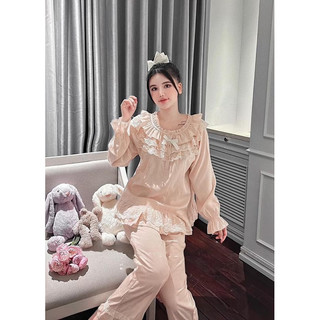 Sét đồ ngủ pijama cổ tròn viền bèo nơ xinh xắn chất lụa latin loại 1 mềm mịn siêu mát