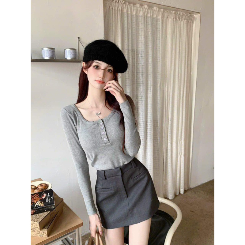 Áo bra dài tay thun gân tăm cao cấp, áo thun có đệm mút dáng dài, áo thun thu đông tay dài Quảng Châu