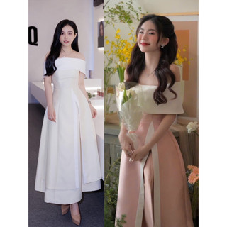  Đầm dự tiệc trễ vai dáng dài hồng phối trắng siêu xinh CENTORY DRESS 