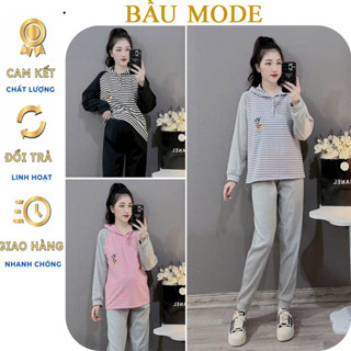 [V531] BỘ BẦU NỈ THU ĐÔNG CÓ MŨ DÀI TAY CÓ CHỈNH CHUN BỤNG TIỆN LỢI MẶC TRƯỚC VÀ SAU SINH - BỘ QUẦN ÁO MẶC NHÀ MẸ BẦU