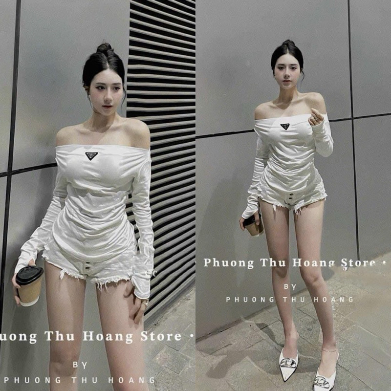 Áo Thun Trễ Vai Dài Tay Xỏ Ngón Nhún Eo Đính Tag Ngực Pra