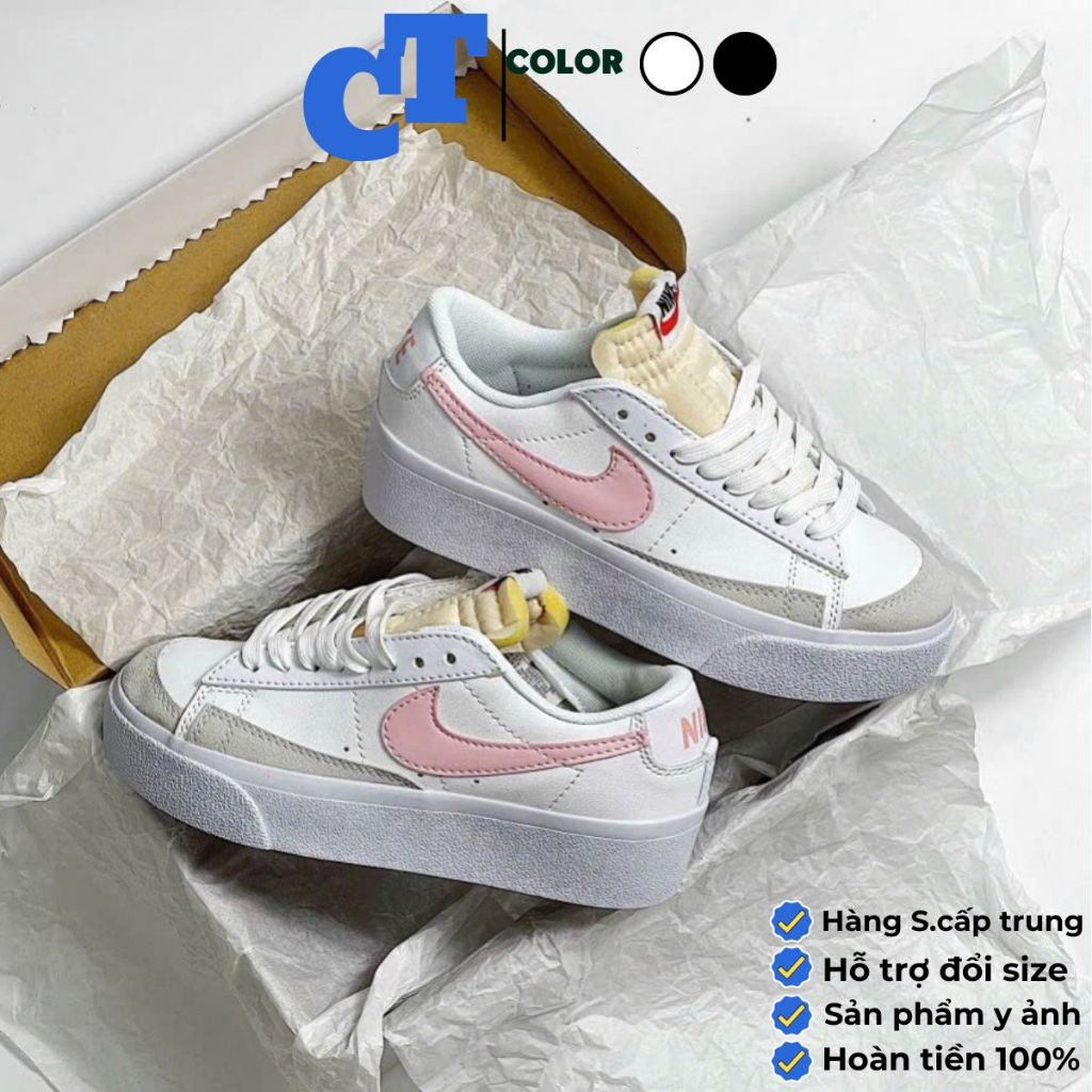 giày thể thao nữ CT Blazer plasform trắng kẻ hồng cổ thấp đế cao, giày blazer 77 low trắng đen hồng low mới full hộp