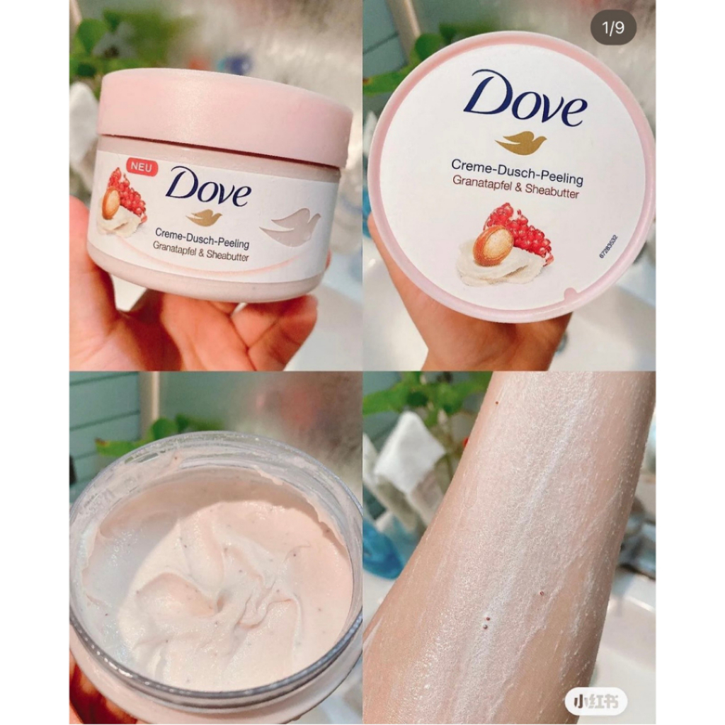 Tẩy Da Chết Body DOVE 225ml Macca và Lựu bản Đức, Tẩy Tế Bào Chết Toàn Thân DOVE Creme Dusch Peeling