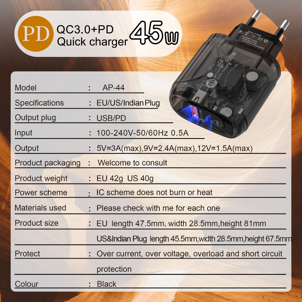 Bộ sạc nhanh PD 45W QC3.0 (dây cáp sạc Type-C + củ sạc) cho điện thoại - Gutek AP44