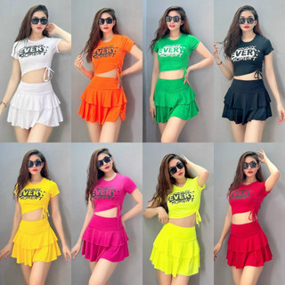 Bộ tập gym yoga aerobic nữ, Bộ váy + áo rút dây EVERY phối màu siêu tôn dáng, bộ tập thể thao nữ ( TS-01 )