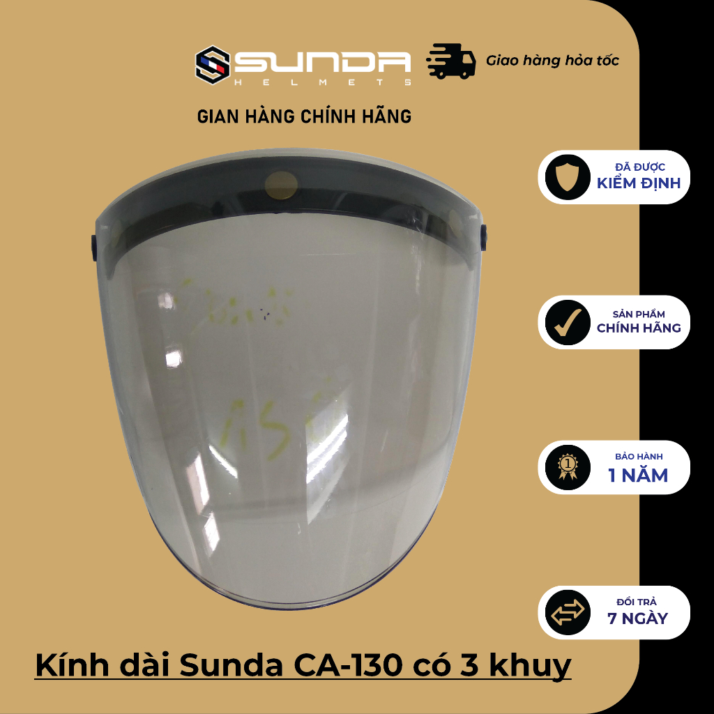 Kính dài Sunda CA-130 có 3 khuy gắn mũ bảo hiểm 3/4 - Hàng chính hãng Sunda