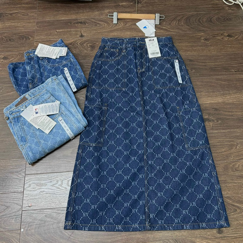 Chân váy jeans midi MLb thêu logo full tag mác