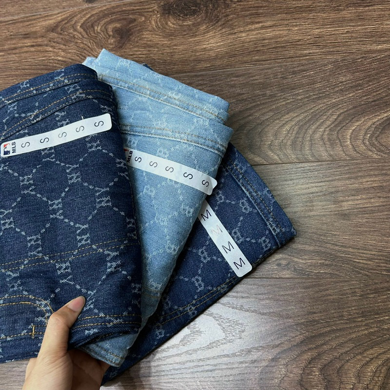 Chân váy jeans midi MLb thêu logo full tag mác