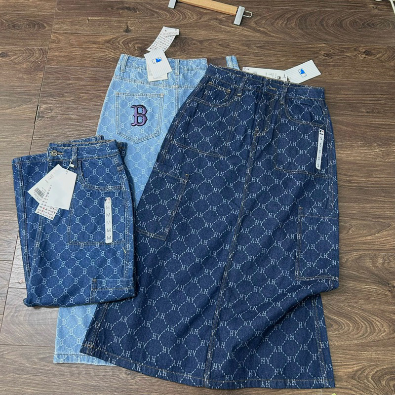 Chân váy jeans midi MLb thêu logo full tag mác