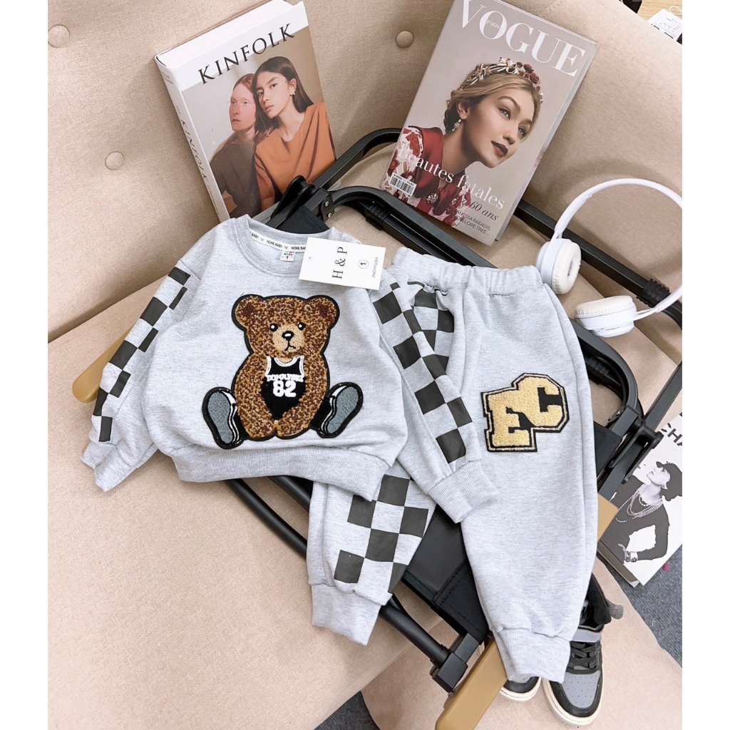 Bộ nỉ dài tay thu đông bé trai, bé gái chất nỉ da cá tàu in hình gấu siêu dễ thương cho bé 10-25kg