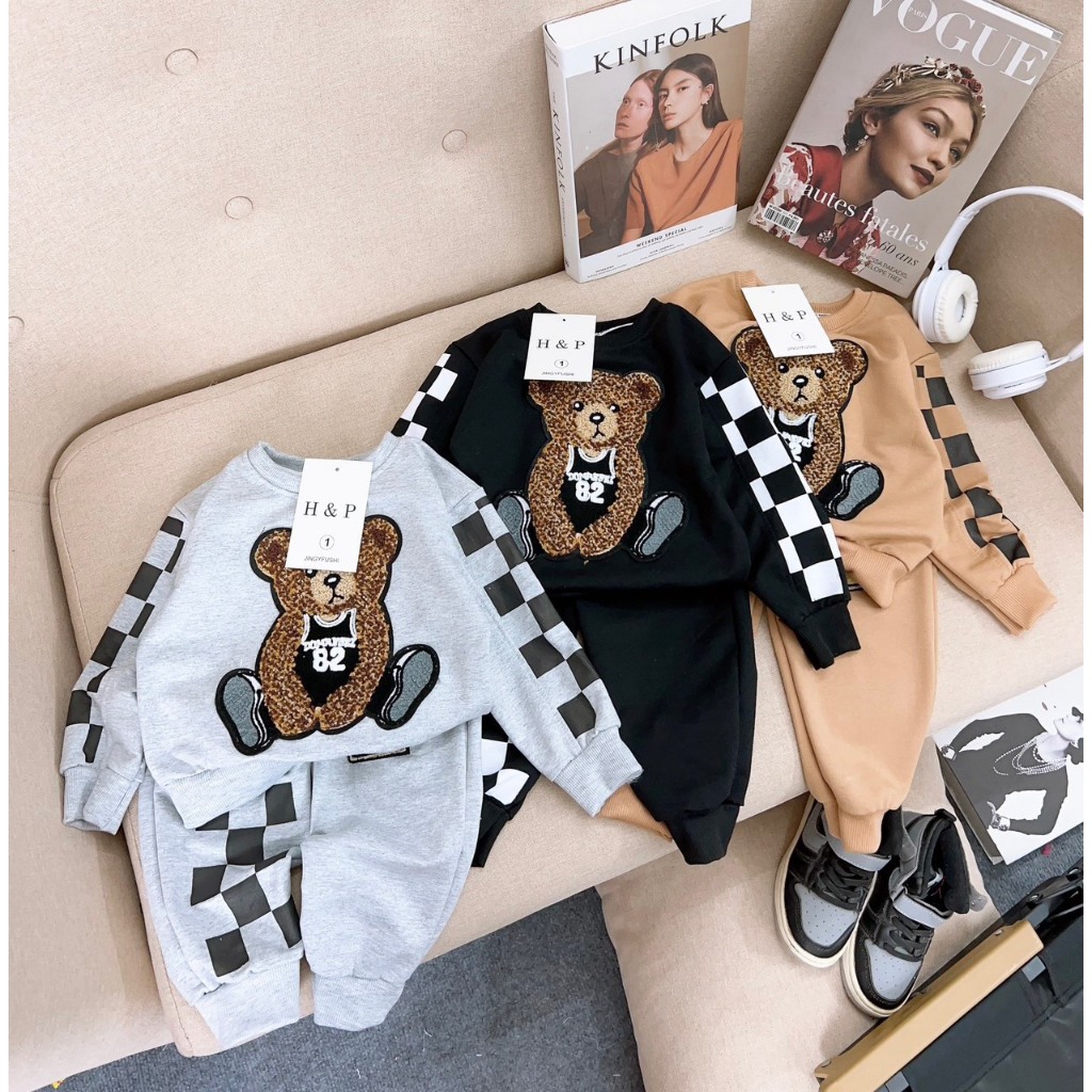 Bộ nỉ dài tay thu đông bé trai, bé gái chất nỉ da cá tàu in hình gấu siêu dễ thương cho bé 10-25kg