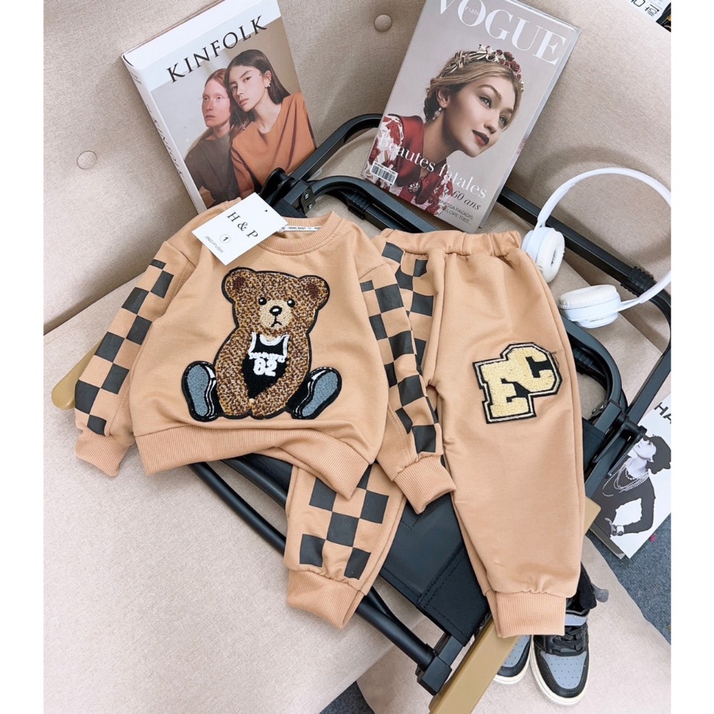 Bộ nỉ dài tay thu đông bé trai, bé gái chất nỉ da cá tàu in hình gấu siêu dễ thương cho bé 10-25kg