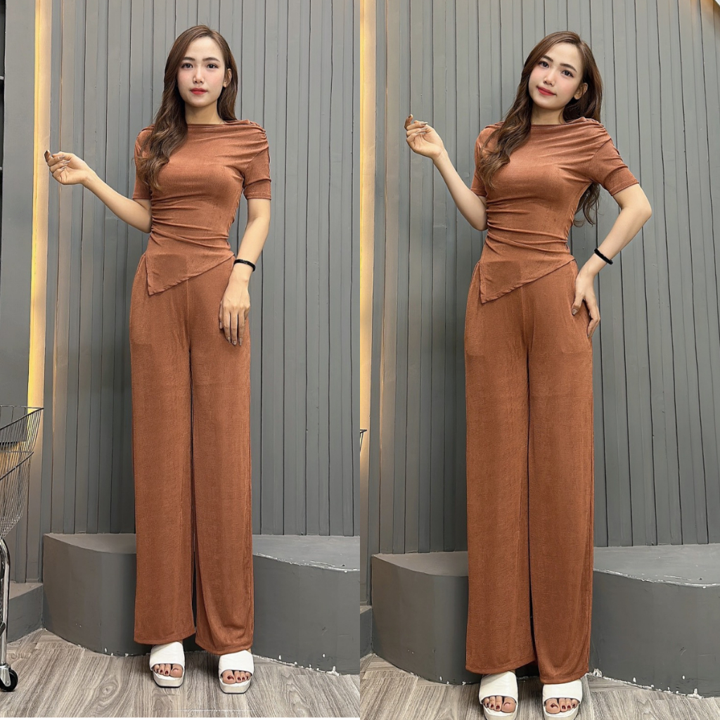 S54 Set Bộ Nữ Áo Trễ Vai Nhíu Eo Tày Tà Xéo Kèm Quần Ống Suông
