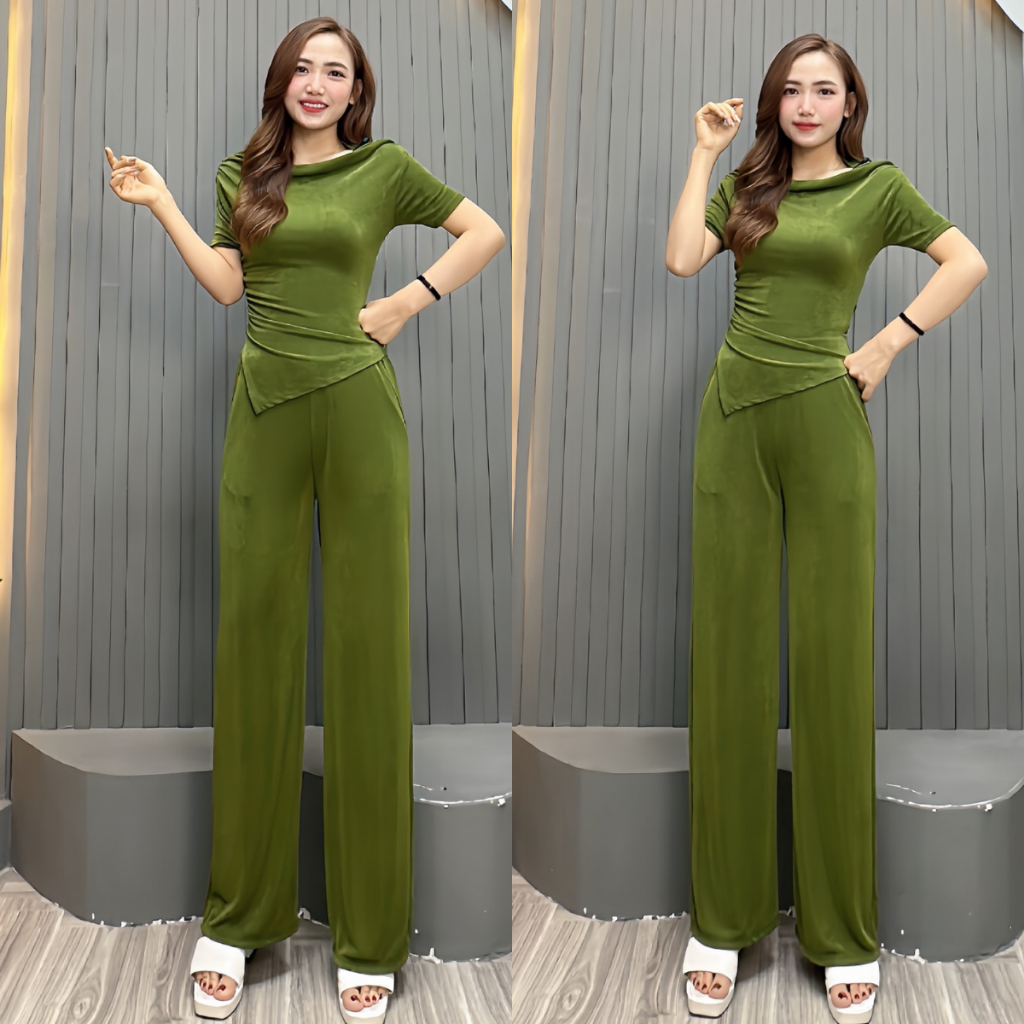 S54 Set Bộ Nữ Áo Trễ Vai Nhíu Eo Tày Tà Xéo Kèm Quần Ống Suông