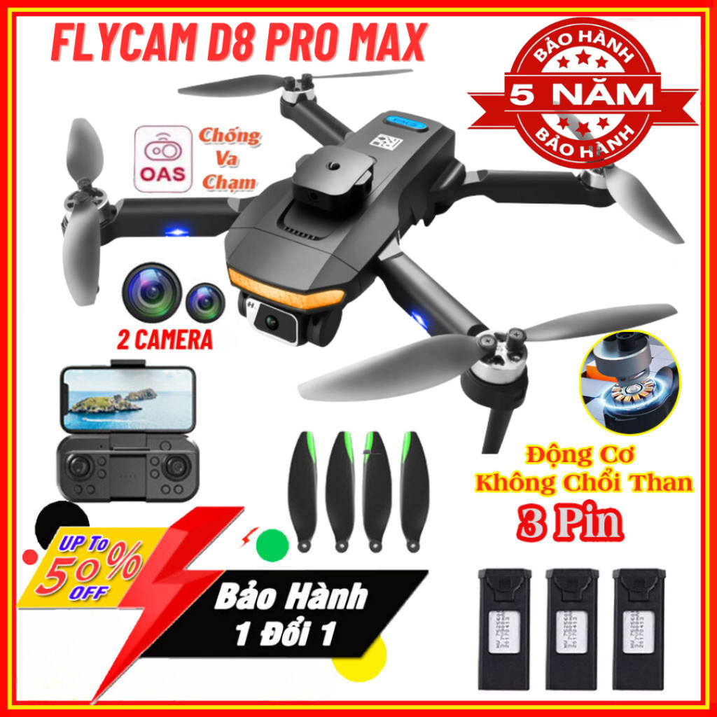 Flycam 4K D8 Pro Tránh Vật Cản, Định Vị G.P.S, Máy Bay Không Người Lái 4 Cánh Điều Khiển Từ Xa Động Cơ Không Chổi Than
