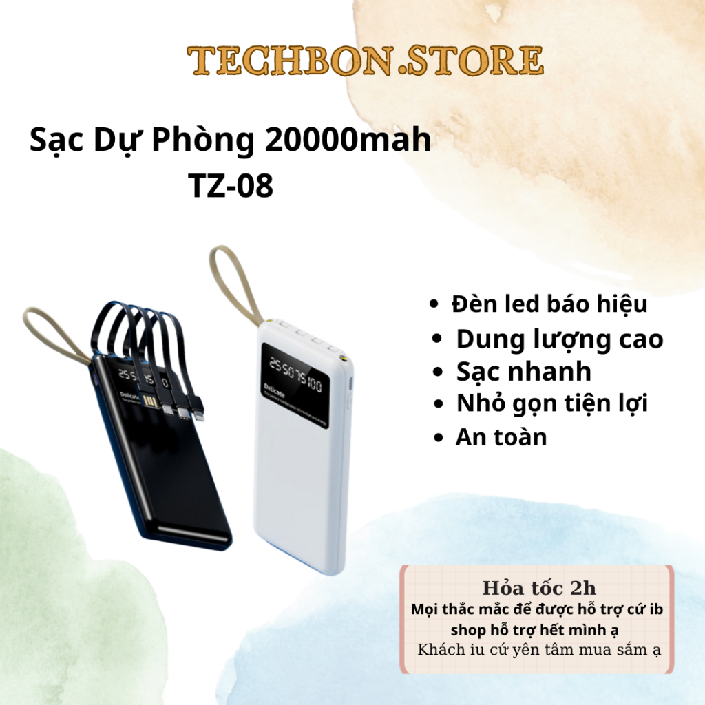 Sạc Dự Phòng TZ08 dung lượng 20000mah Chính hãng , Tích Hợp 4 Dây Sạc, Sạc Không Nóng Máy SH19 TECHBON.STORE