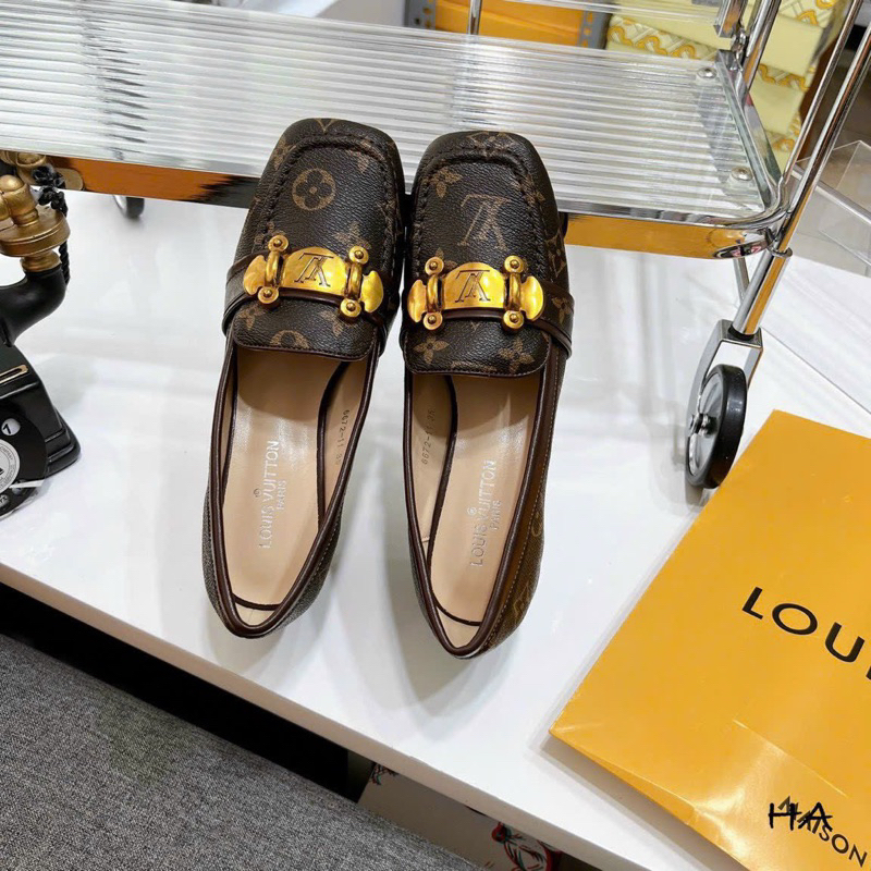 Giày cao gót nữ đế vuông 6cm_Giày hoạ tiết lv nâu sang trọng _Dáng búp bê   hàng cao cấp fullbox túi giấy xách