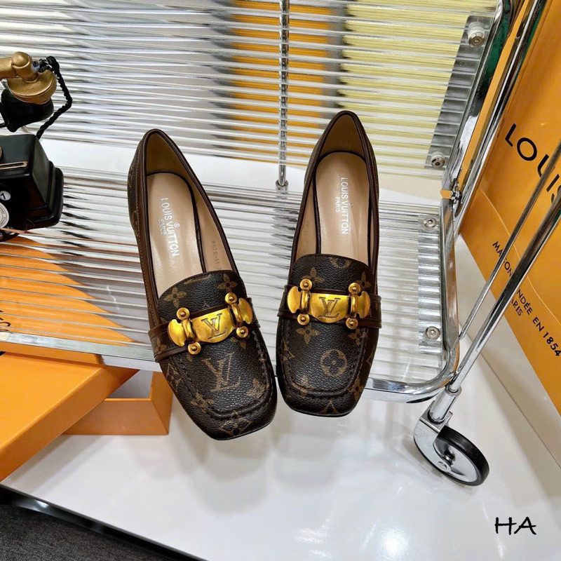 Giày cao gót nữ đế vuông 6cm_Giày hoạ tiết lv nâu sang trọng _Dáng búp bê   hàng cao cấp fullbox túi giấy xách