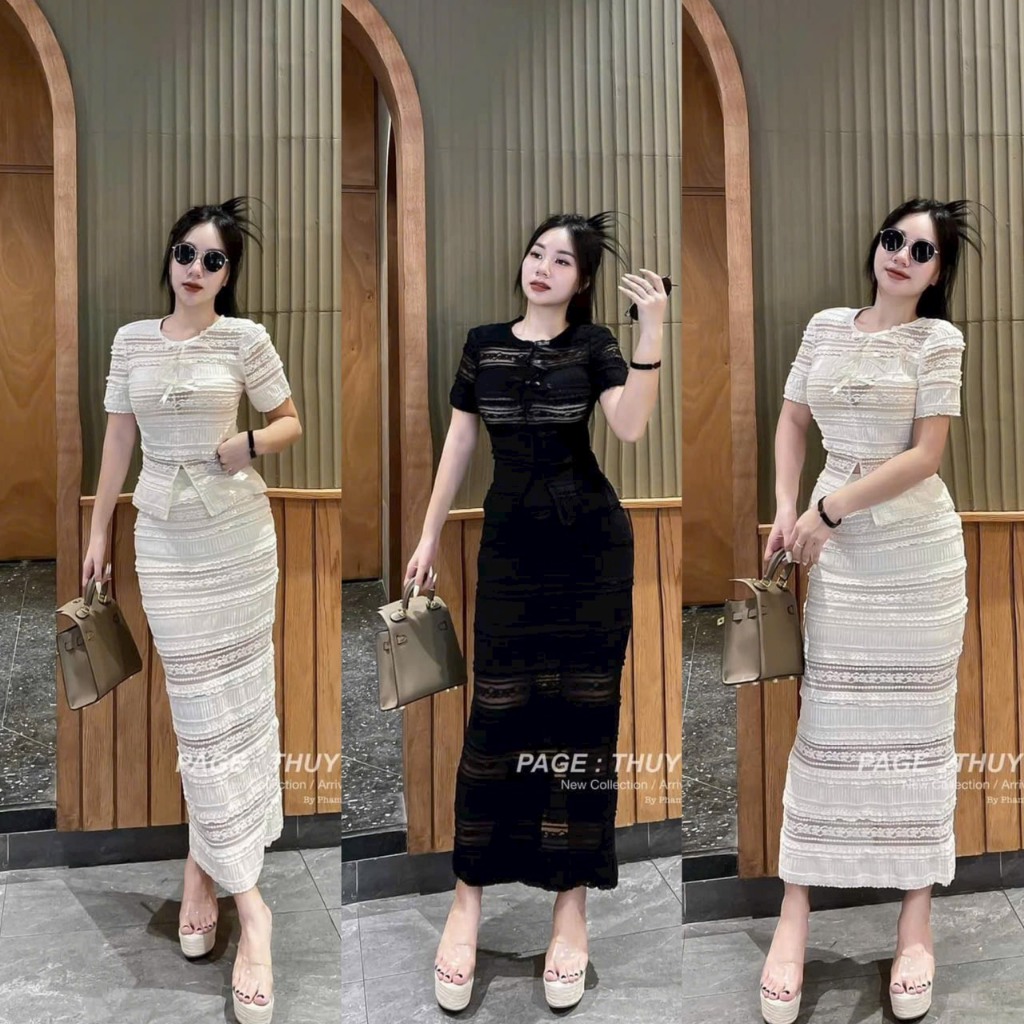 Sét bộ nữ áo cổ tròn sang chảnh phỗi ren hoa xinh xắn mix chân váy dài ôm boddy tôn dáng ( có lót ) đi chơi